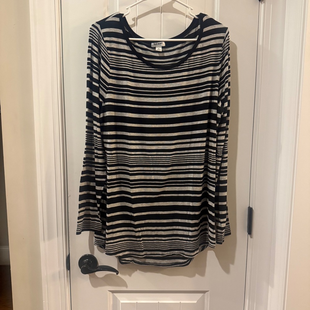Old Navy Womens Large Black Grey Striped Long Sleeve Boat Neck Top 649130-03